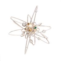 MODERNIST, BICOLOR GOLD, DIAMOND AND EMERALD SOLAR SYSTEM BROOCH