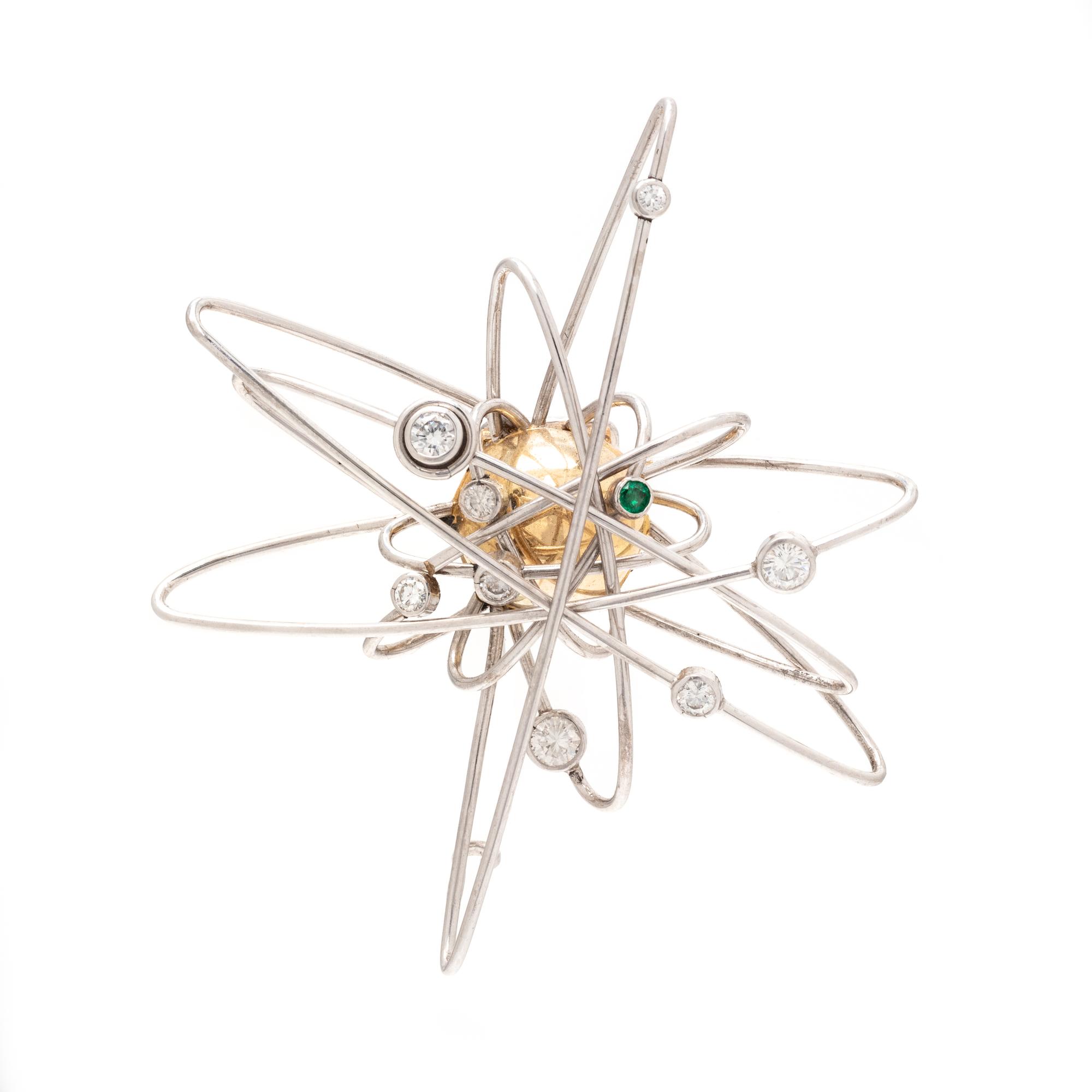 MODERNIST, BICOLOR GOLD, DIAMOND AND EMERALD SOLAR SYSTEM BROOCH