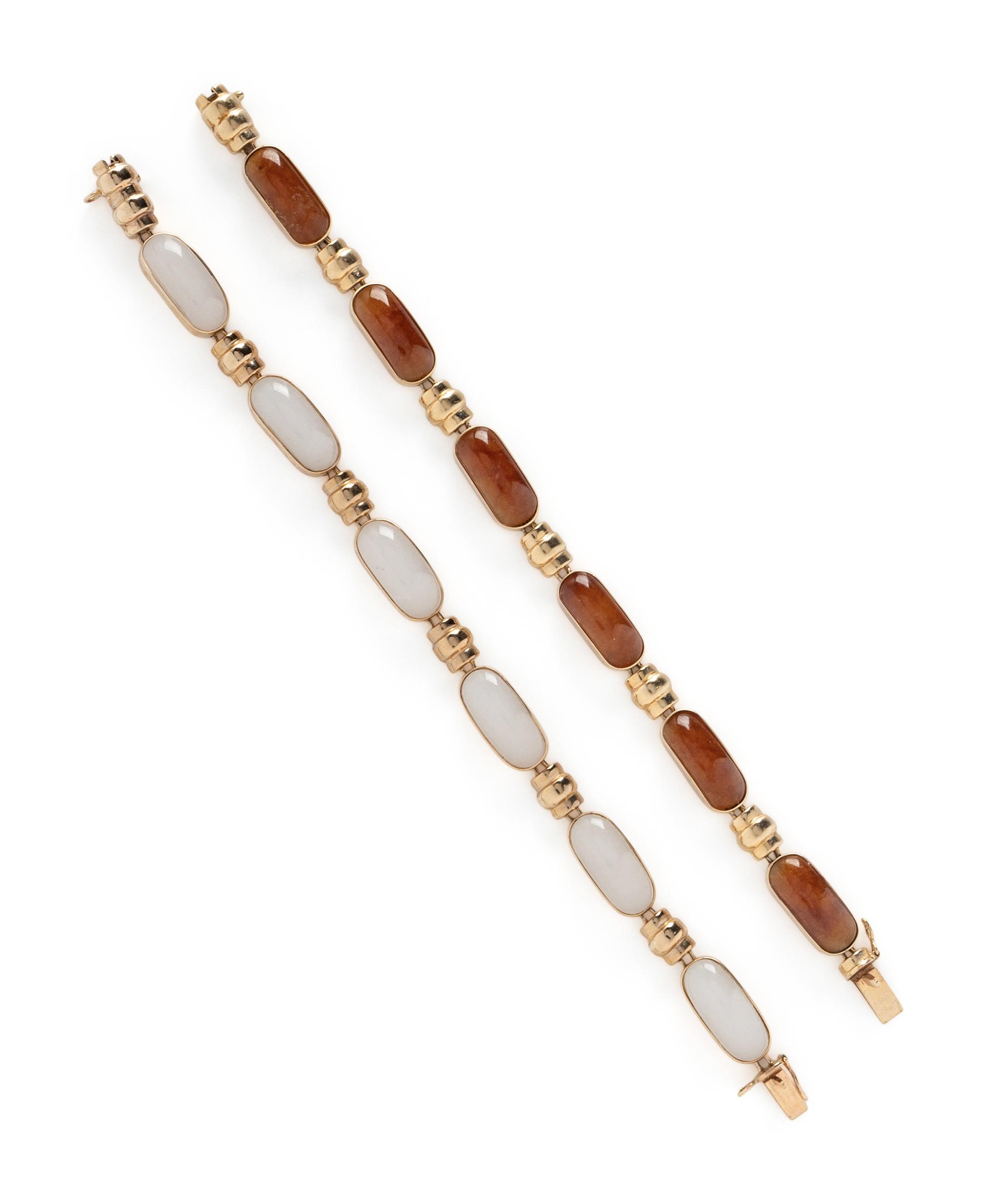 TWO YELLOW GOLD AND JADE BRACELETS