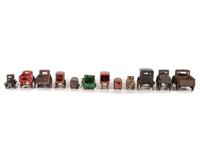 Twelve Painted Cast Iron Toy Cars, Trucks, and Buses
