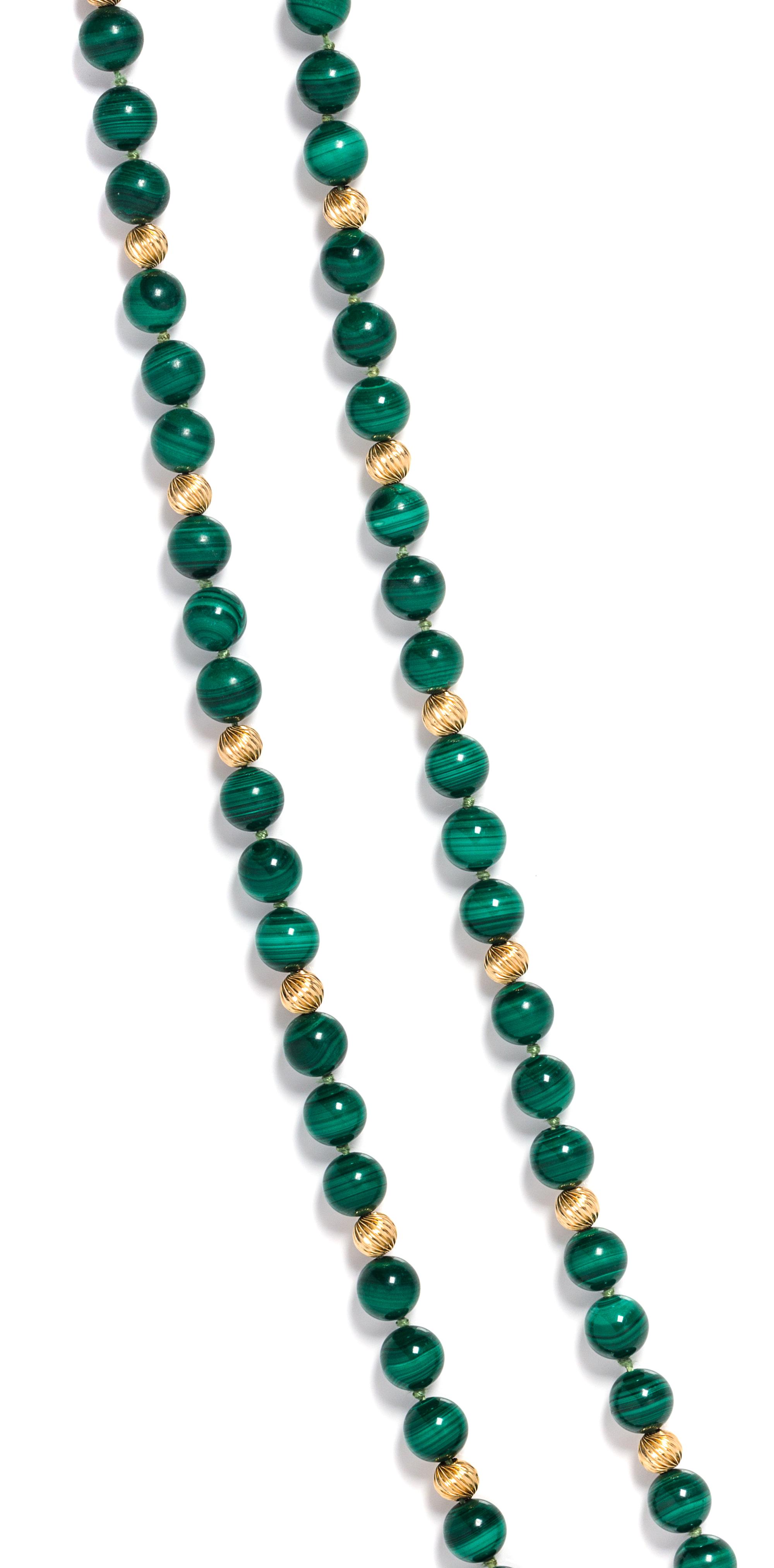 A Yellow Gold and Malachite Bead Necklace,