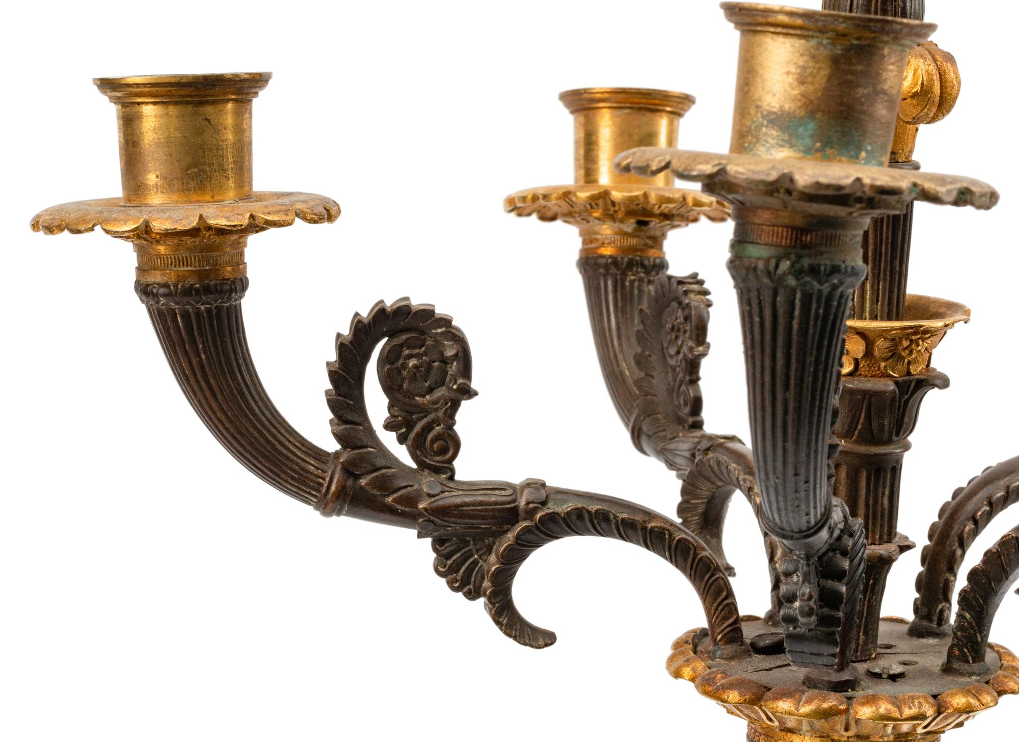 A Pair of Empire Style Parcel-Gilt and Patinated Bronze Six-Light Candelabra — 19TH CENTURY
