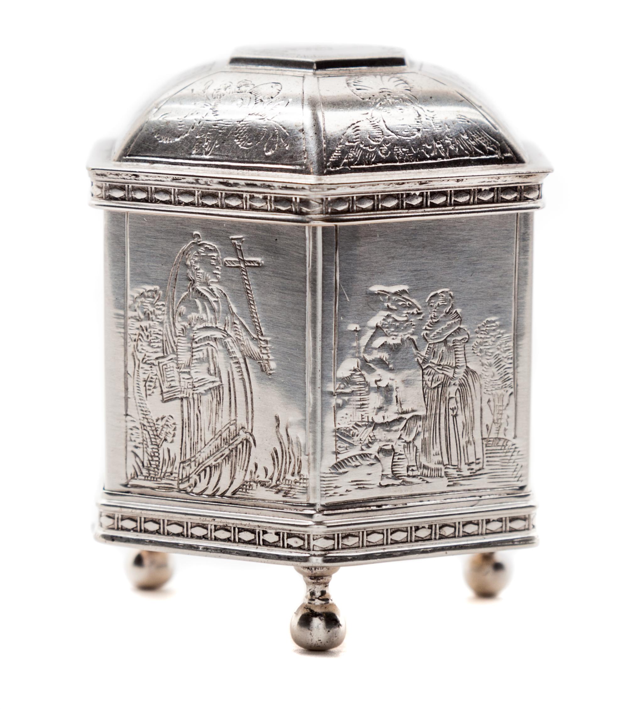 A Dutch Style Silver Commemorative Marriage Box, 1985, of octagonal form and raised on ball feet