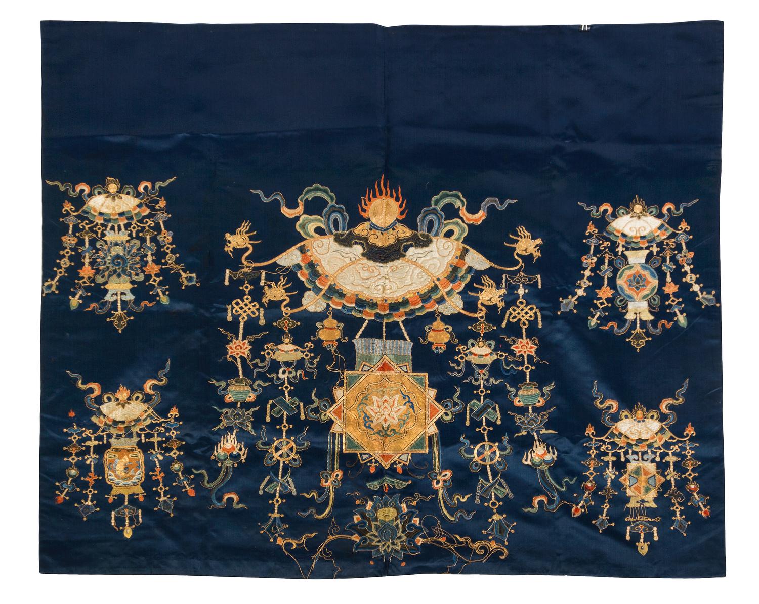 A Chinese Embroidered Blue Silk Panel LATE QING DYNASTY 32 1/2 X 38 1/2 inches. — LATE QING DYNASTY