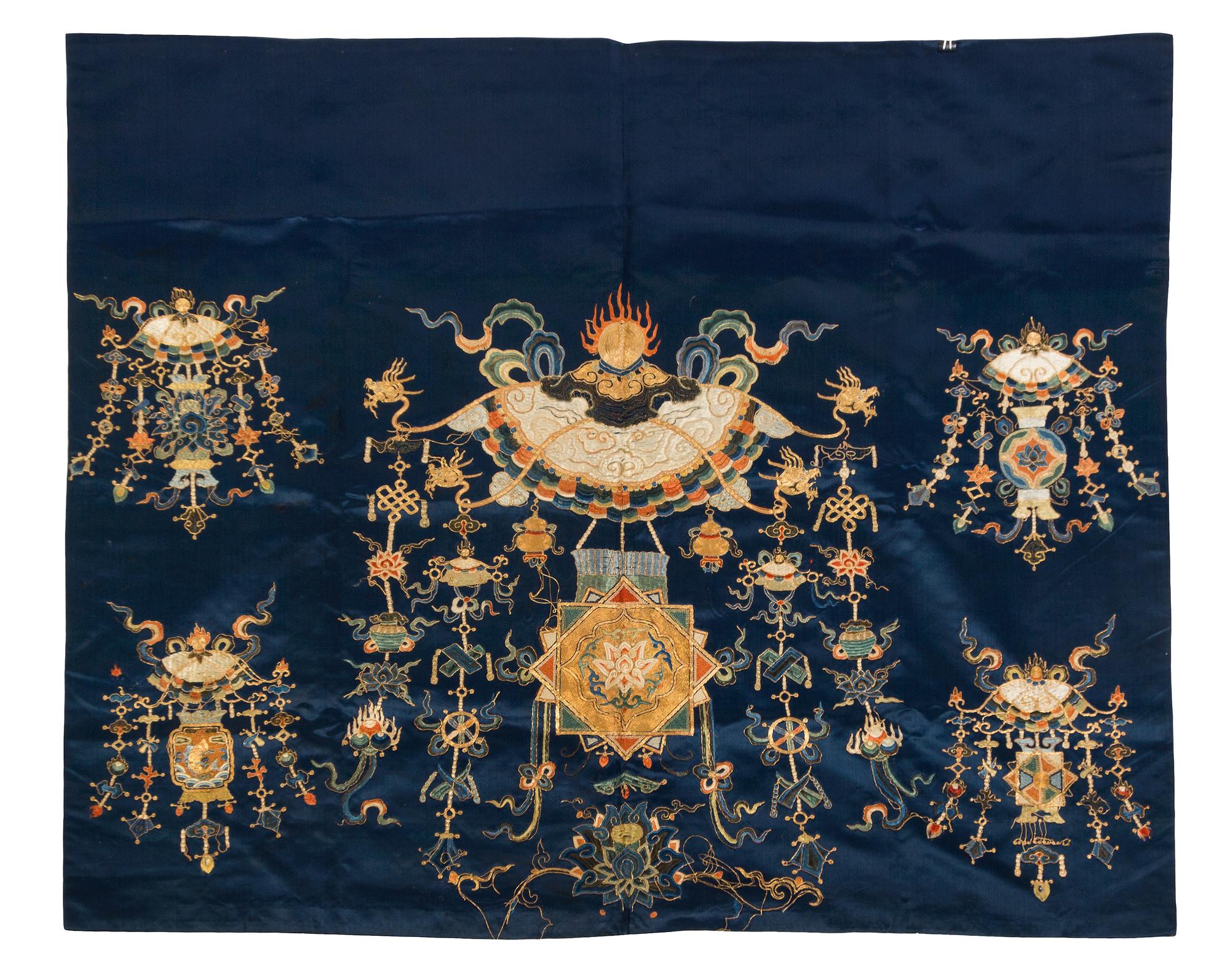 A Chinese Embroidered Blue Silk Panel LATE QING DYNASTY 32 1/2 X 38 1/2 inches. — LATE QING DYNASTY
