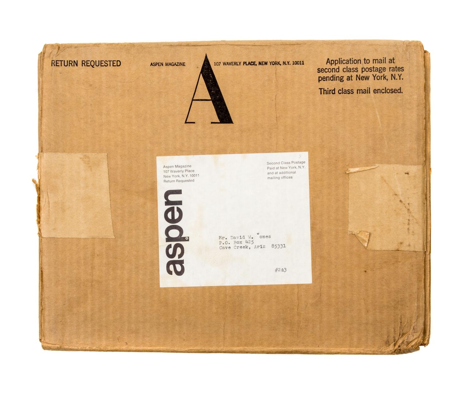 ASPEN MAGAZINE. Aspen Magazine. 6 parts, comprising vol. 1, nos. 1-4 (4 boxes), 5-6 (one box), 6a and 9 (folders). New York, 1966-1970.