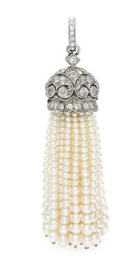 A Platinum, Diamond and Seed Pearl Tassel Pendant, 4.10 dwts.