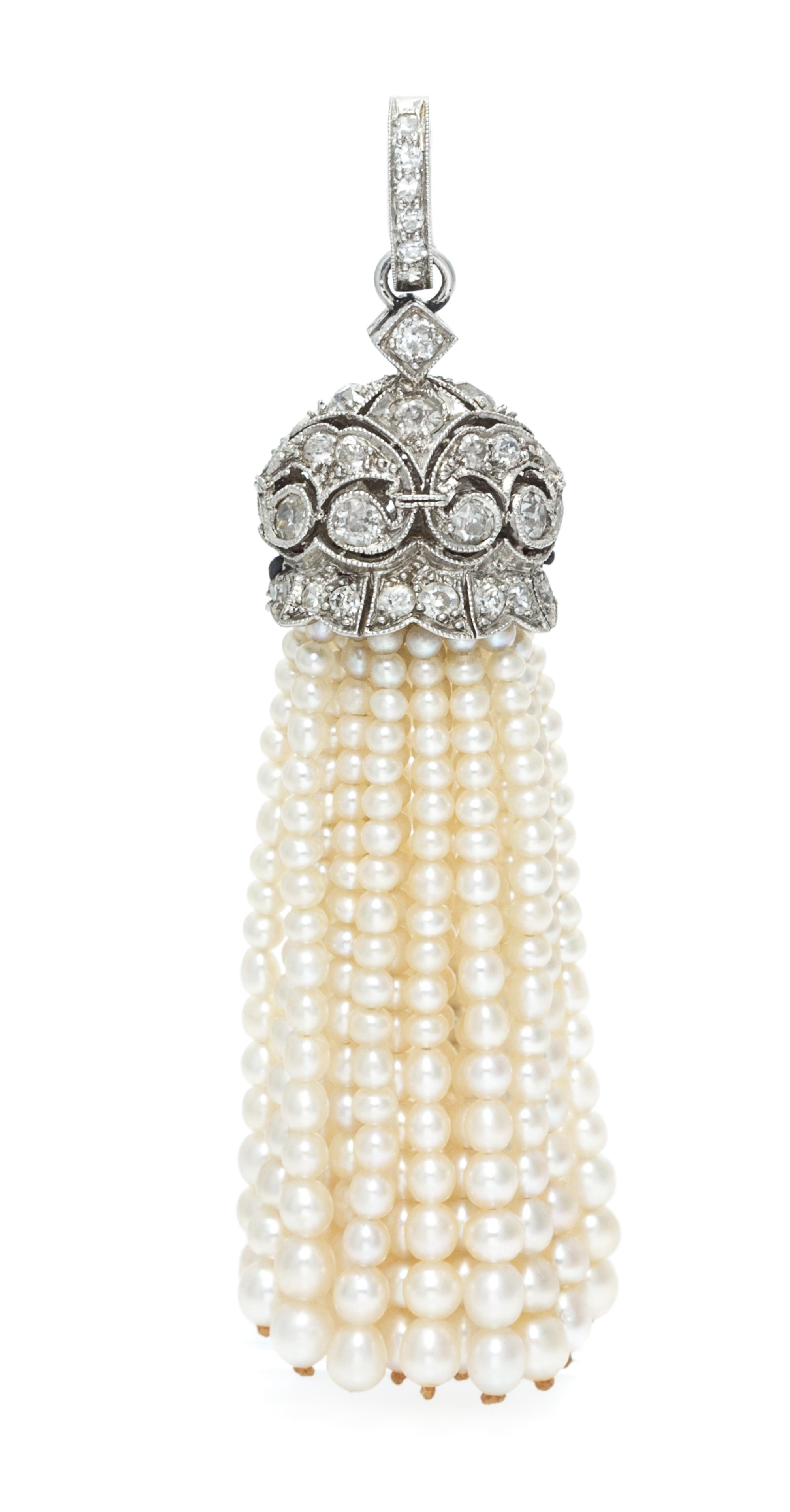 A Platinum, Diamond and Seed Pearl Tassel Pendant, 4.10 dwts.