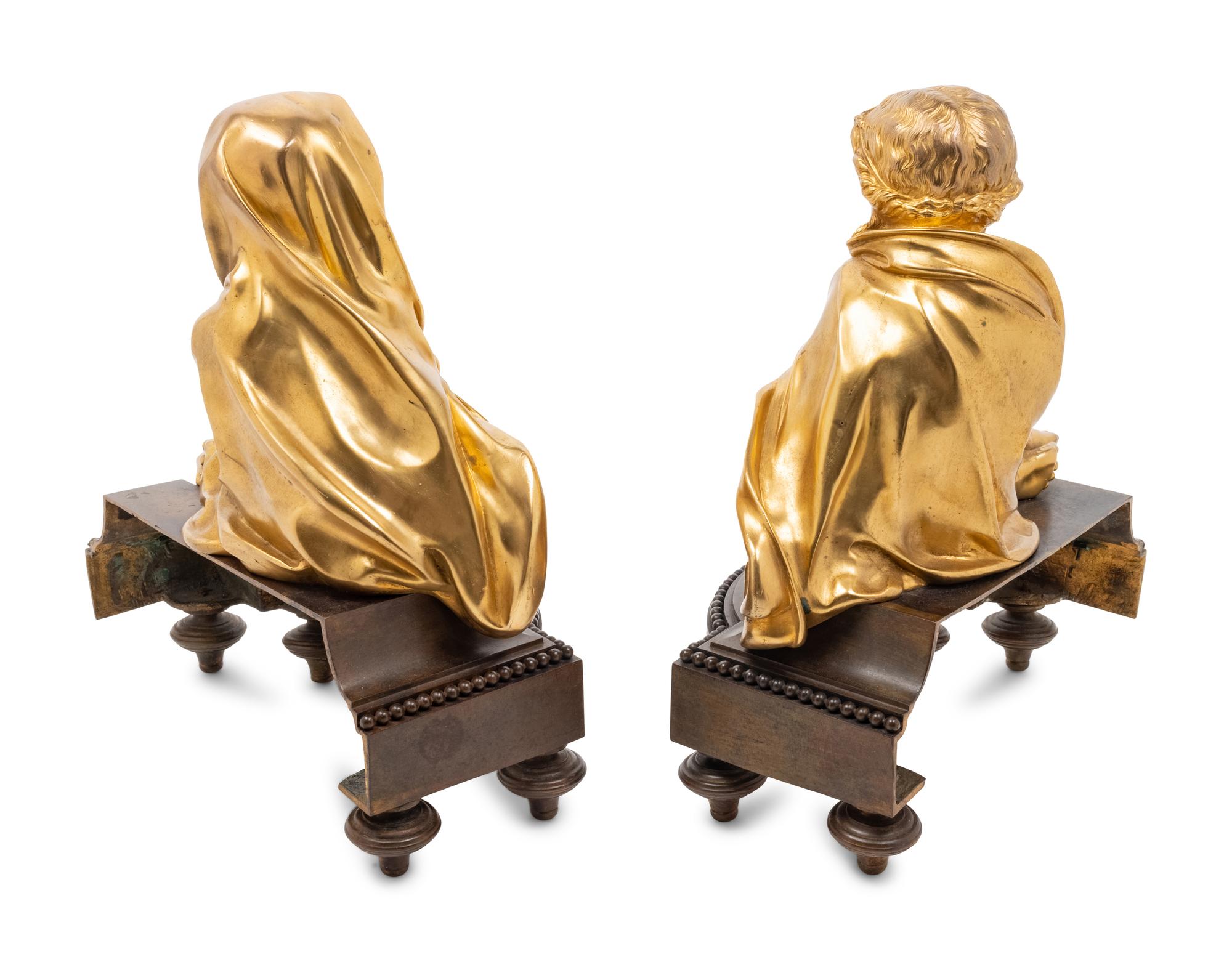 A Pair of French Gilt and Patinated Bronze Figural Chenets