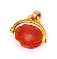 A Possibly Ancient Yellow Gold and Carved Carnelian Scarab Pendant,