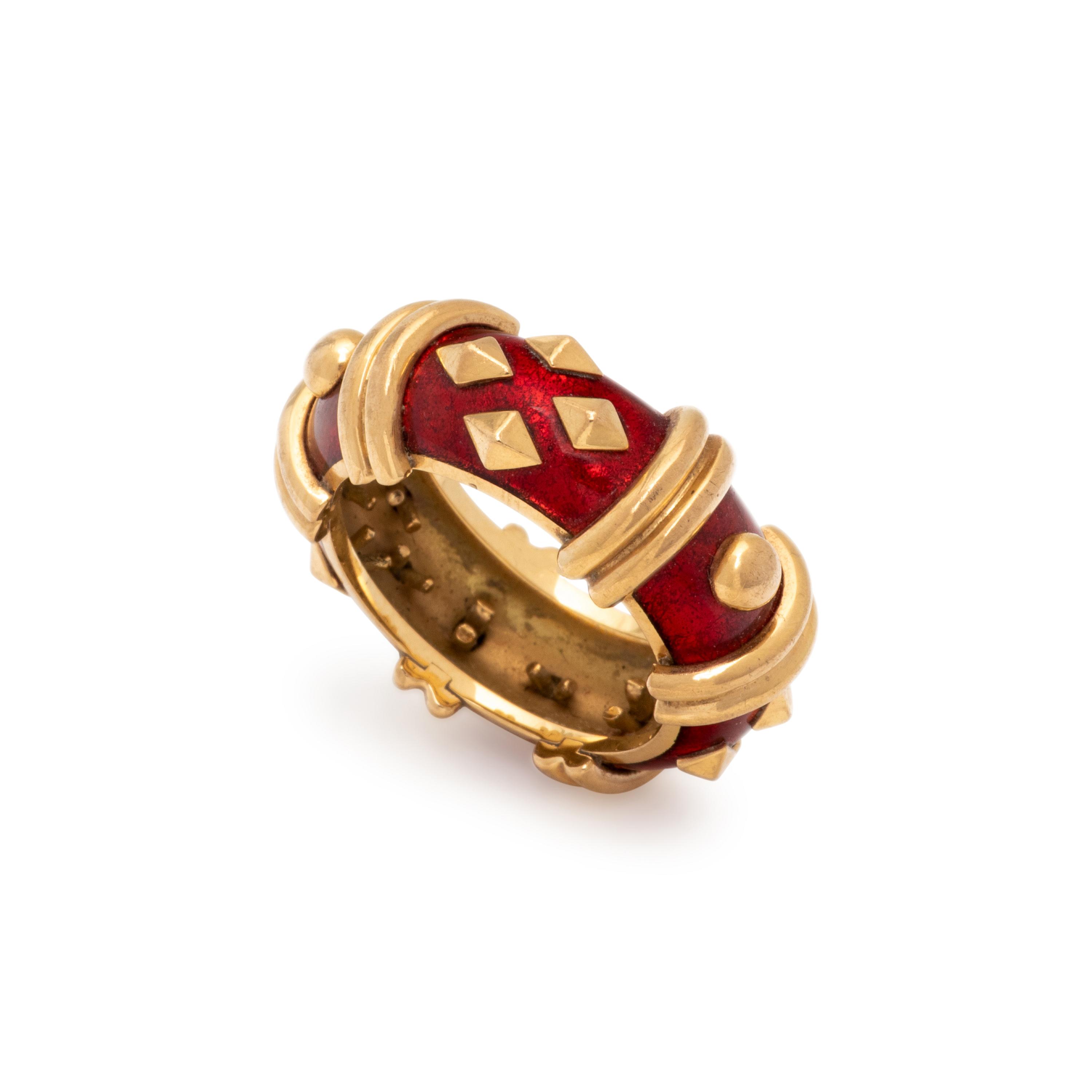 TIFFANY & CO., SCHLUMBERGER, YELLOW GOLD AND PAILLONNÉ ENAMEL RING