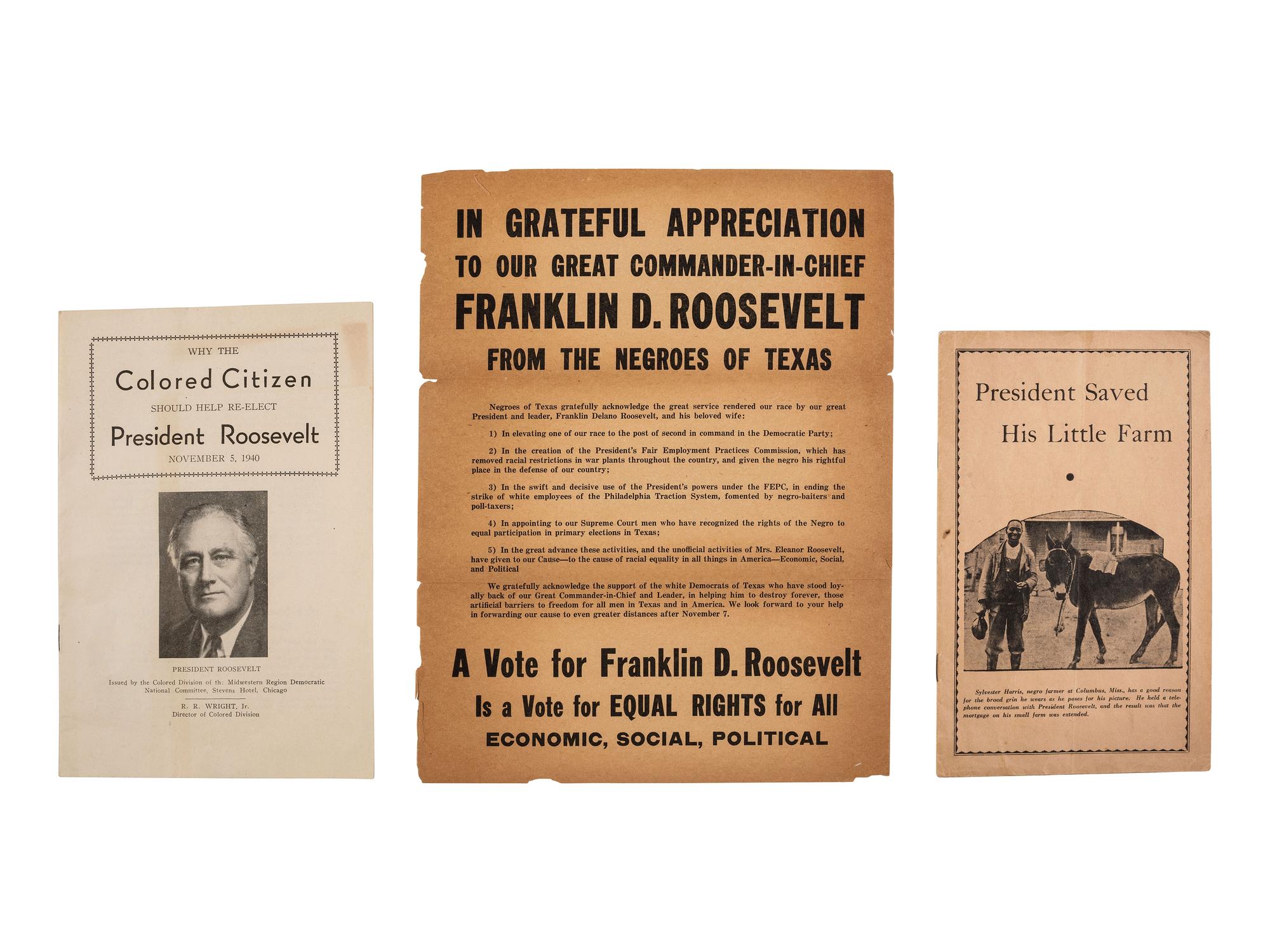 [ROOSEVELT, Franklin D. (1882-1945)]. A group of 4 items related to Roosevelt's campaign and the support of African American Democratic voters.