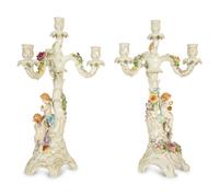 A Pair of German Porcelain Four-Light Figural Candelabras