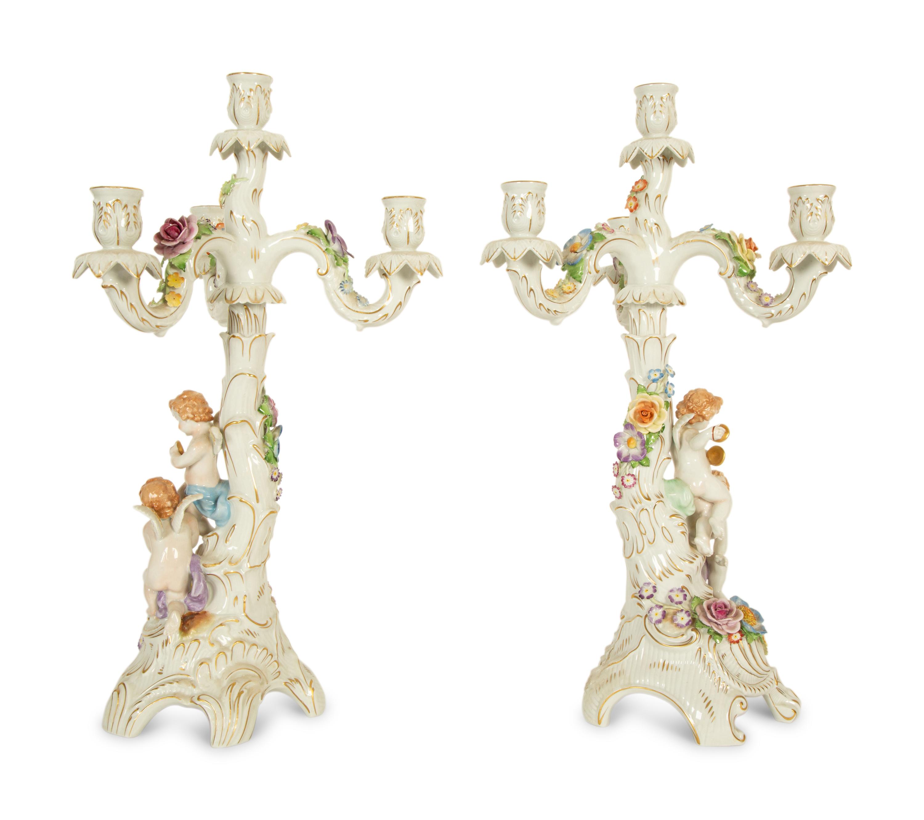A Pair of German Porcelain Four-Light Figural Candelabras