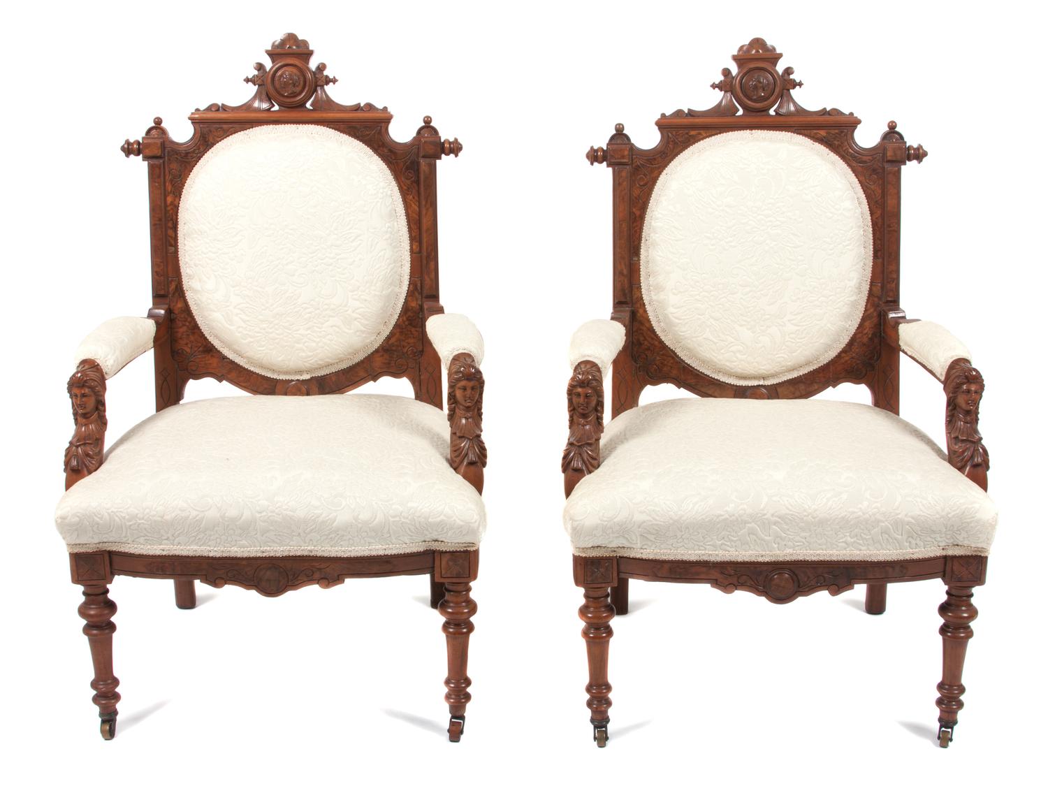 A Victorian Burlwood Parlor Suite Width of first 63 inches. — 19TH CENTURY, ATTRIBUTED TO JOHN JELLIFF