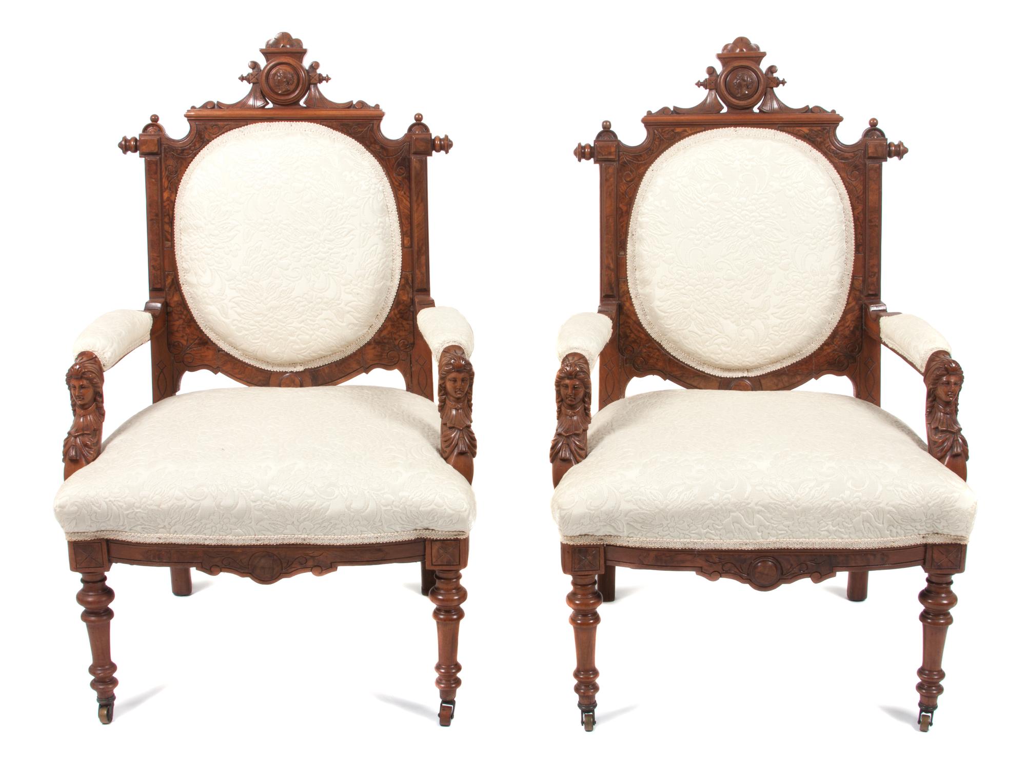 A Victorian Burlwood Parlor Suite Width of first 63 inches. — 19TH CENTURY, ATTRIBUTED TO JOHN JELLIFF