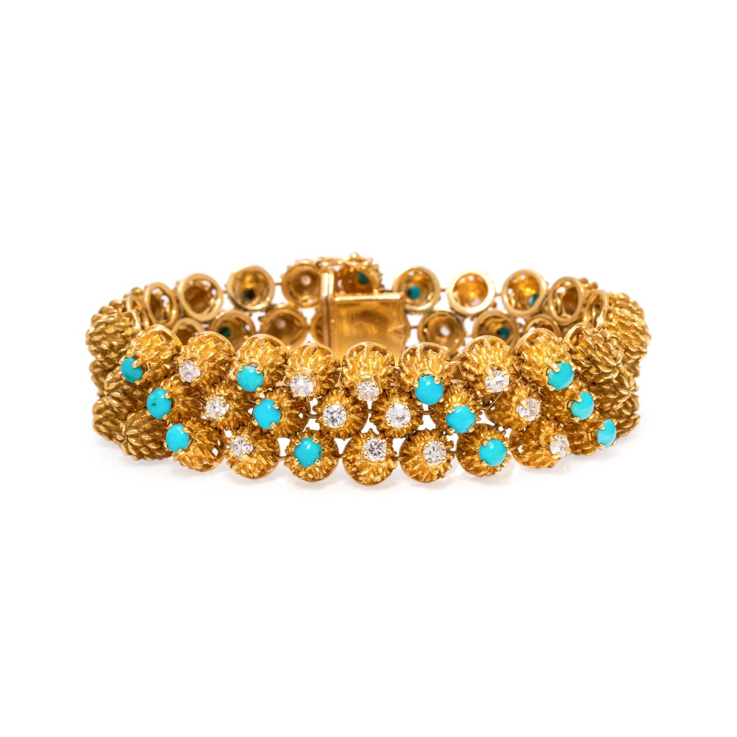 FRENCH, VINTAGE, YELLOW GOLD, DIAMOND AND TURQUOISE BRACELET