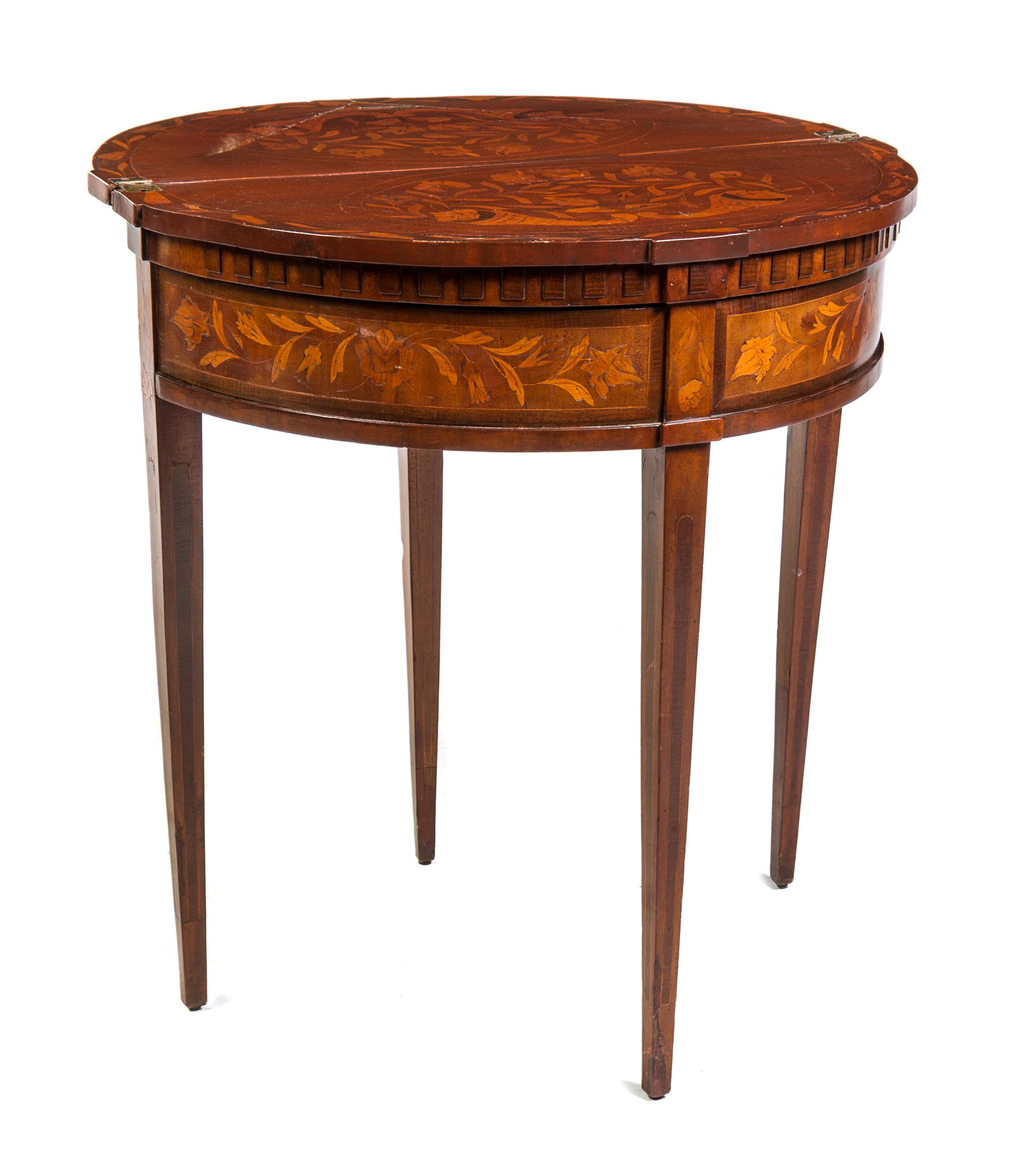 A Dutch Marquetry Flip-Top Table Height 30 1/2 x width 28 1/2 x depth 14 1/4 inches. — 19TH CENTURY