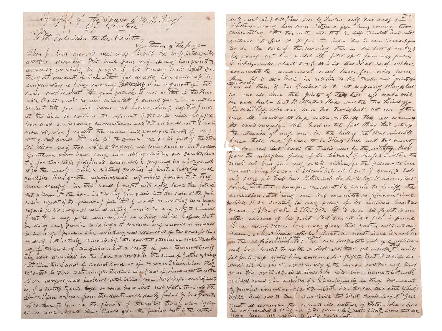 [SLAVERY & ABOLITION]. Manuscript trial speech given by M.B. King in defense of Skelt Greer, an enslaved man convicted of murder.