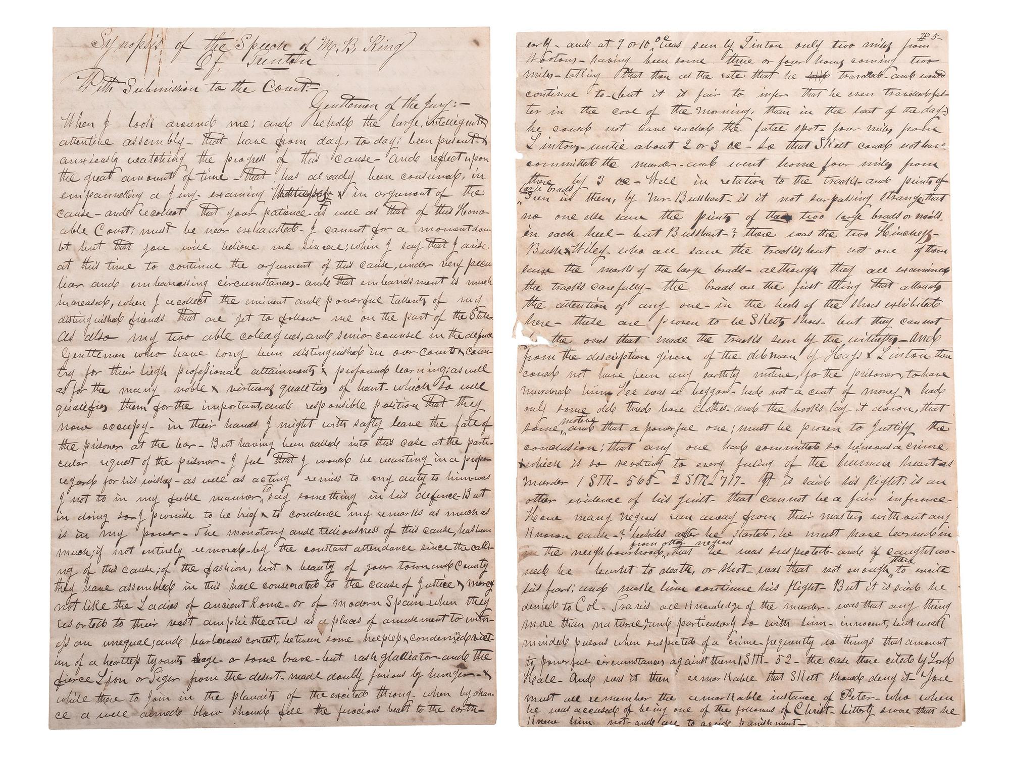 [SLAVERY & ABOLITION]. Manuscript trial speech given by M.B. King in defense of Skelt Greer, an enslaved man convicted of murder.