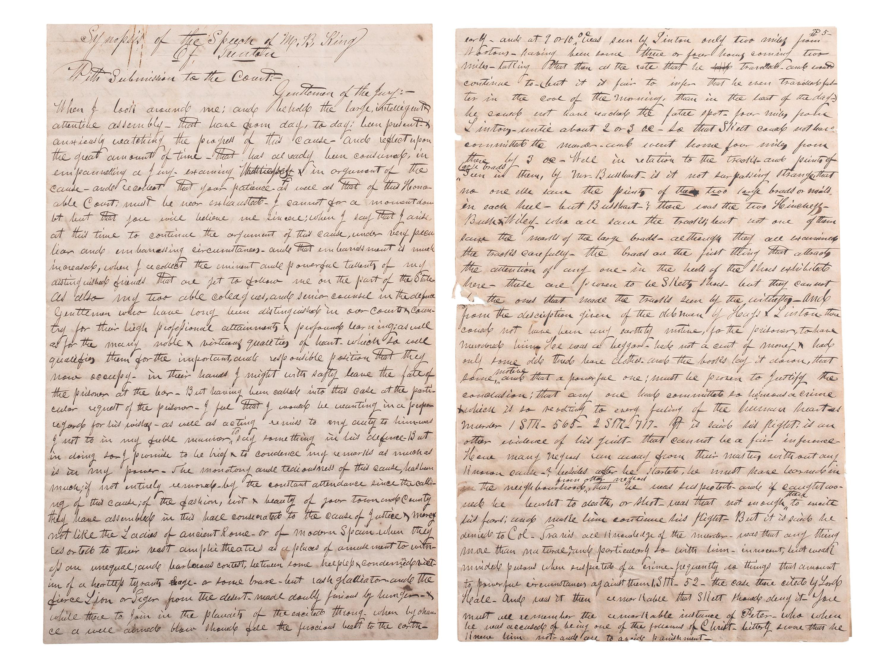 [SLAVERY & ABOLITION]. Manuscript trial speech given by M.B. King in defense of Skelt Greer, an enslaved man convicted of murder.
