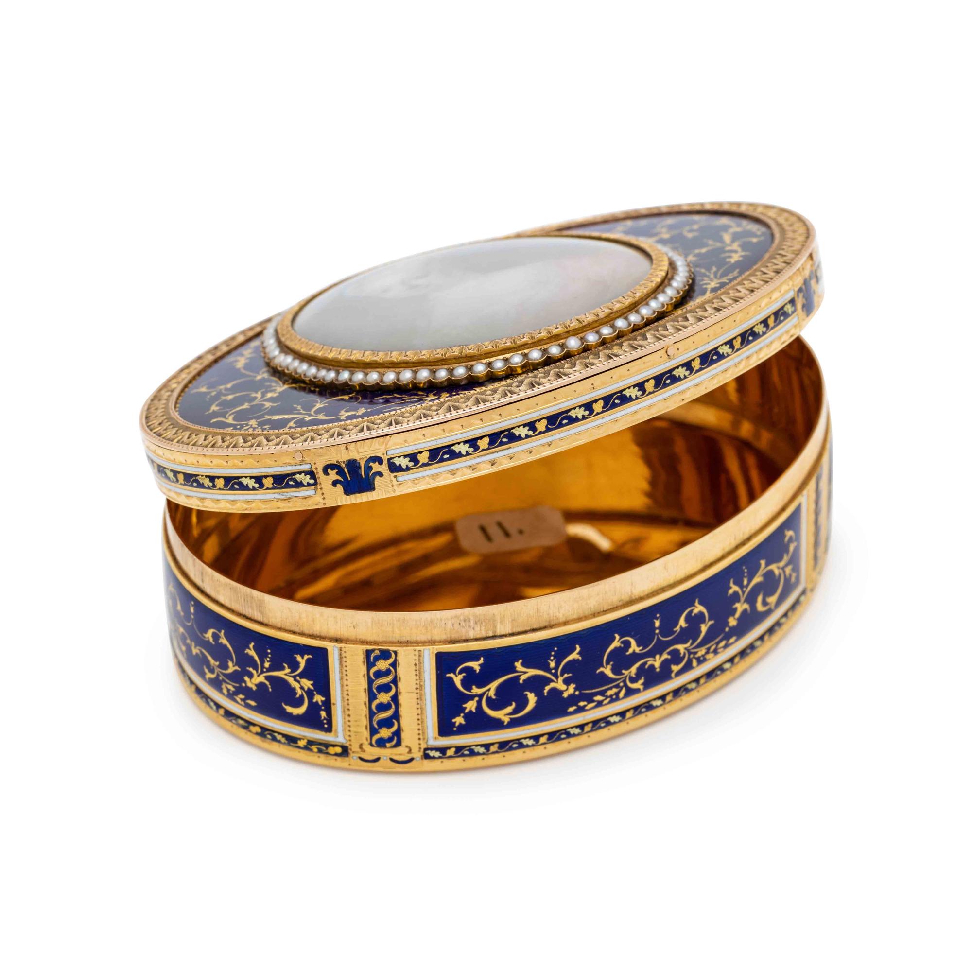 A Gold, Enamel, Seed Pearl, and Portrait-Inset Snuff Box