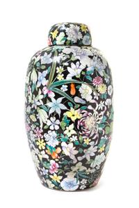 A Black Ground Famille Rose 'Millefleur' Porcelain Covered Jar — REPUBLIC PERIOD