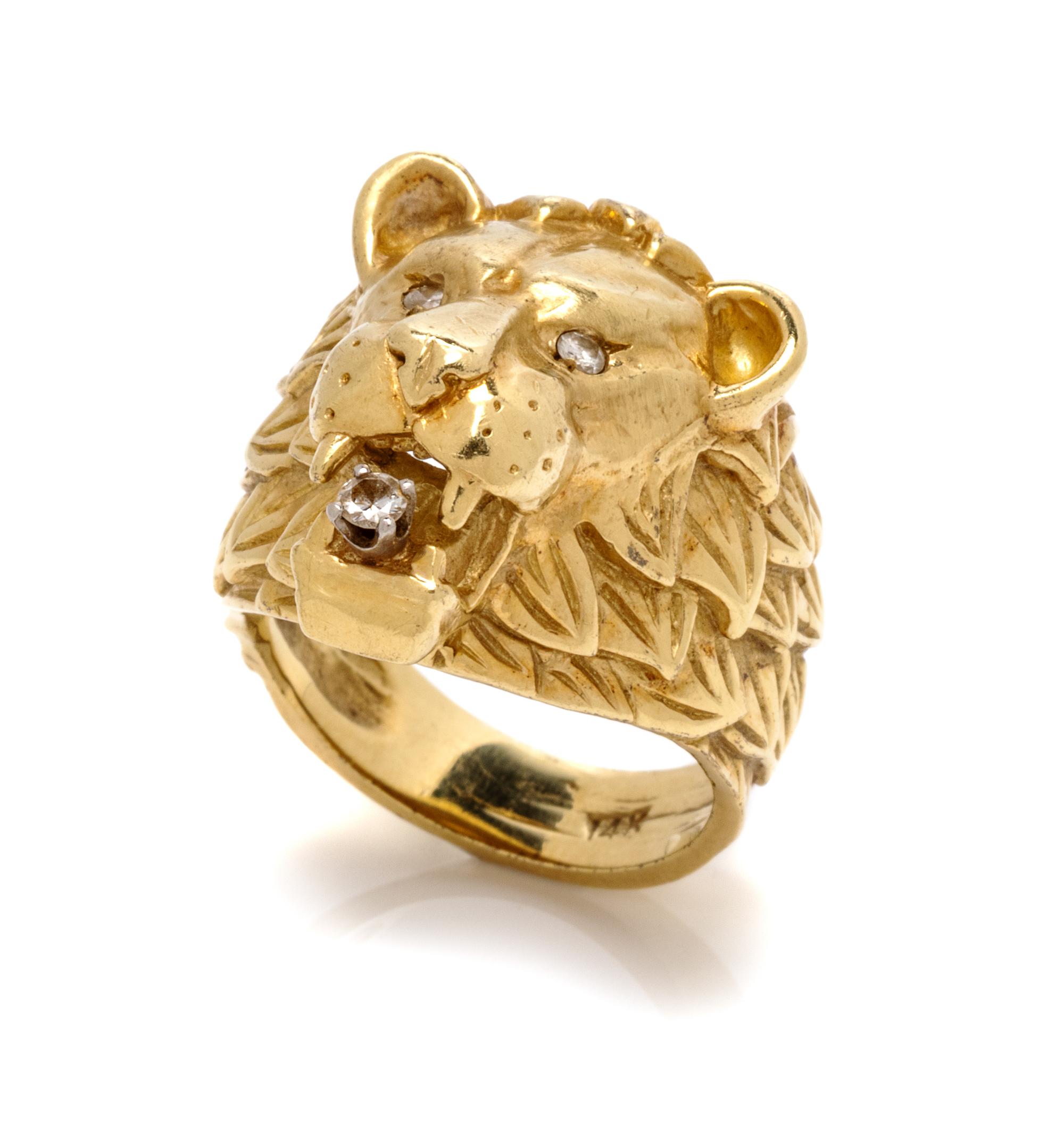 A 14 Karat Yellow Gold and Diamond Lion Motif Ring, Maurice Katz, 13.30 dwts.