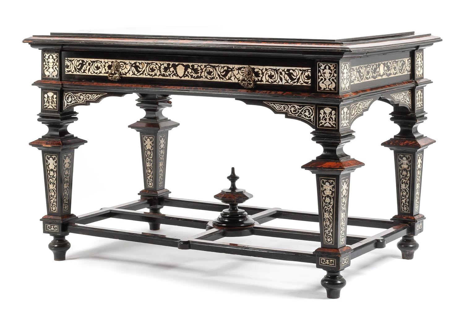 An Italian Inlaid and Tortoise Shell Mounted Ebonized Table Height 33 x width 51 1/2 x depth 32 inches. — 19TH CENTURY