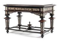 An Italian Inlaid and Tortoise Shell Mounted Ebonized Table Height 33 x width 51 1/2 x depth 32 inches. — 19TH CENTURY