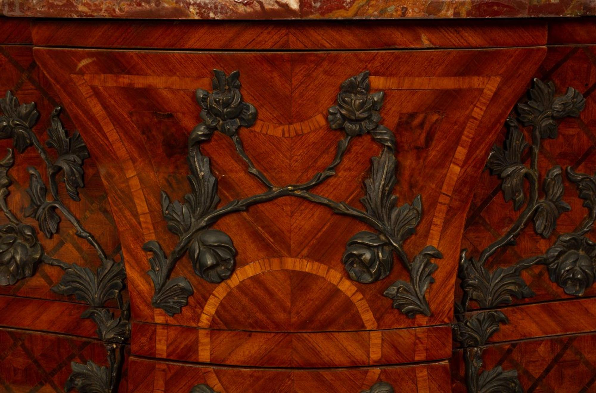 A Louis XV Style Parquetry Bombe Commode with Bronze Mounts and Marble Top — 19TH CENTURY