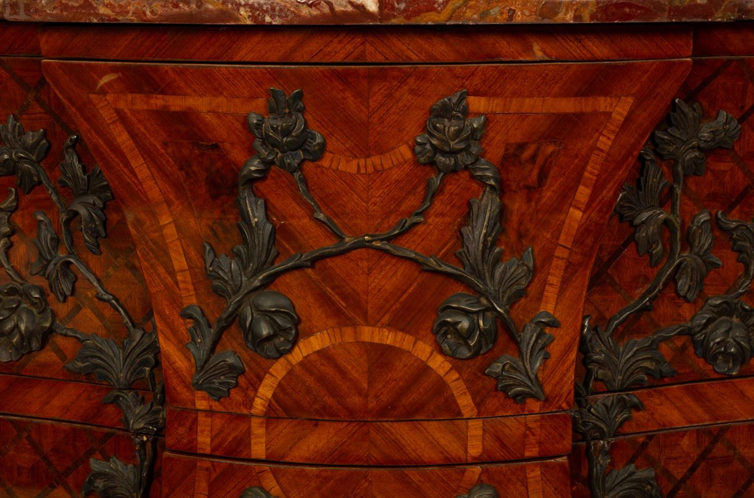 A Louis XV Style Parquetry Bombe Commode with Bronze Mounts and Marble Top — 19TH CENTURY