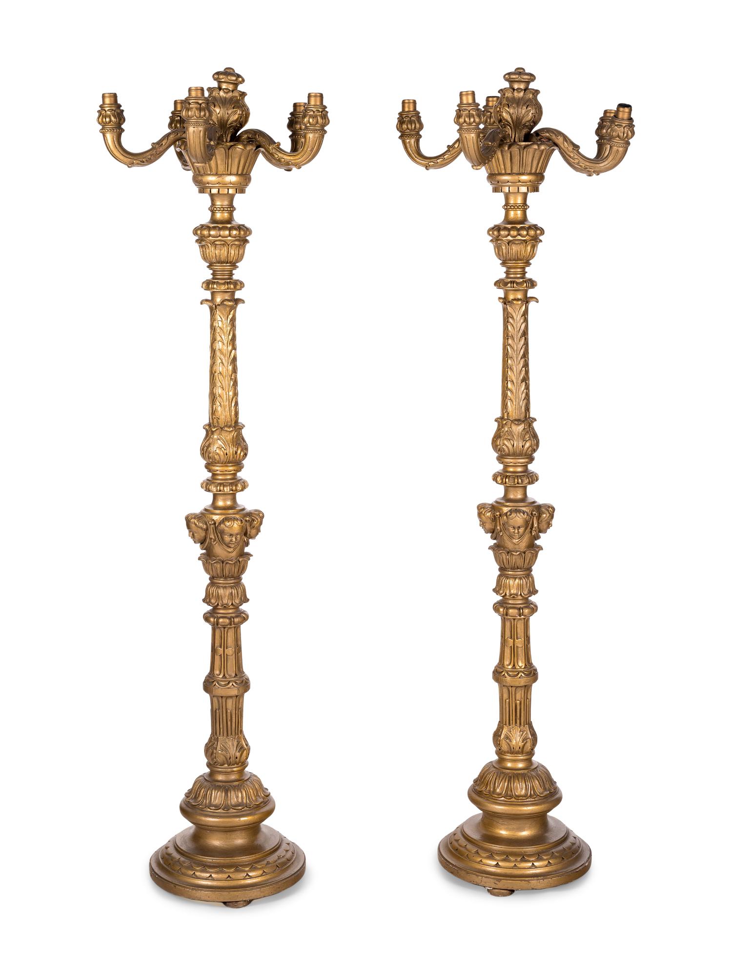 A Pair of Empire Style Giltwood Five-Light Torchères