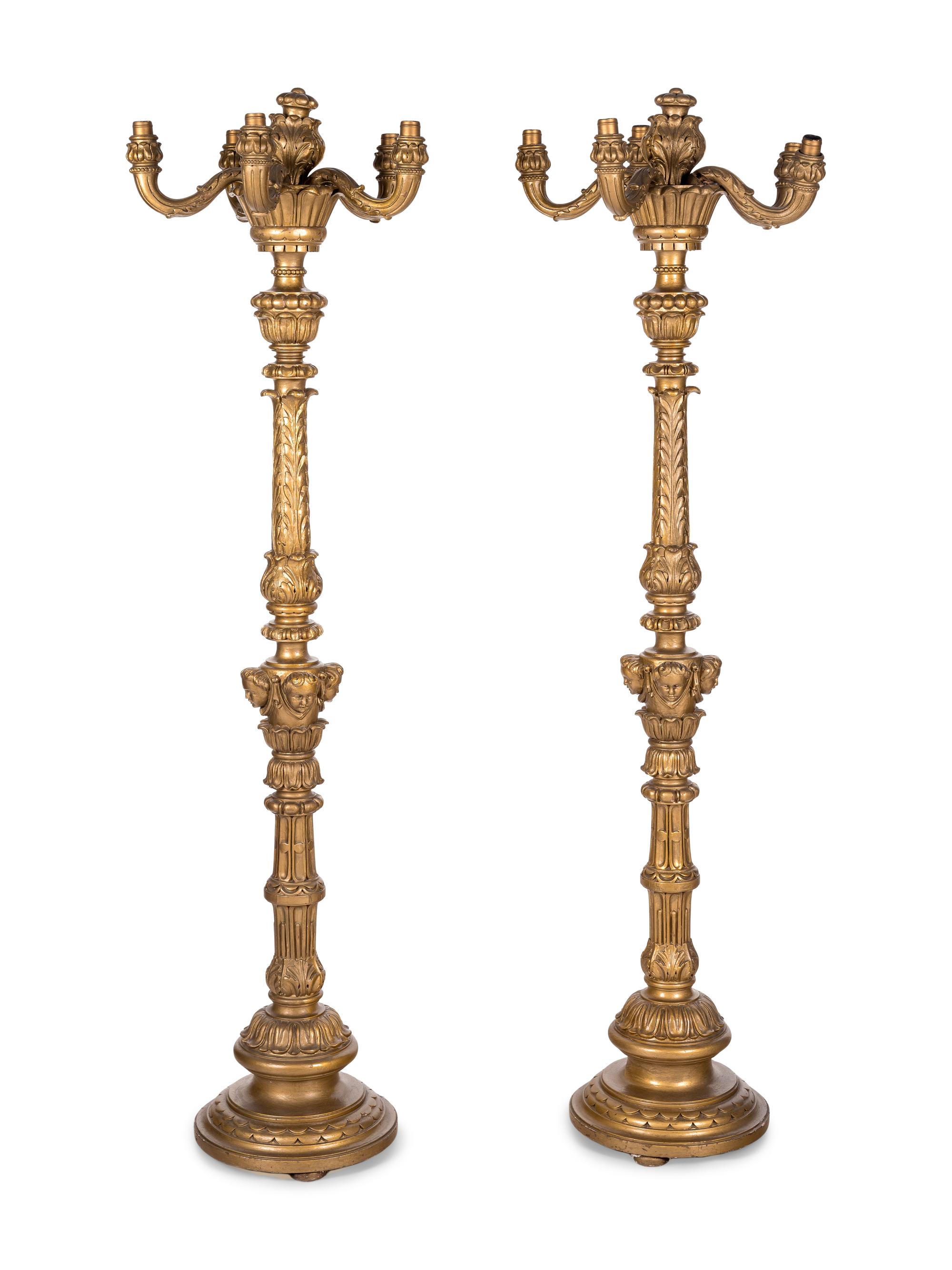 A Pair of Empire Style Giltwood Five-Light Torchères