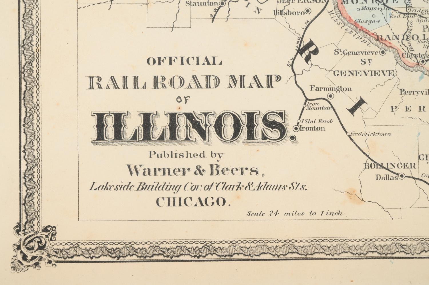 Official Road Map of Illinois. Chicago: Warner & Beers, N.d. Plate 11. 25 ¾ x 23 ¾ in. Matted and framed.
