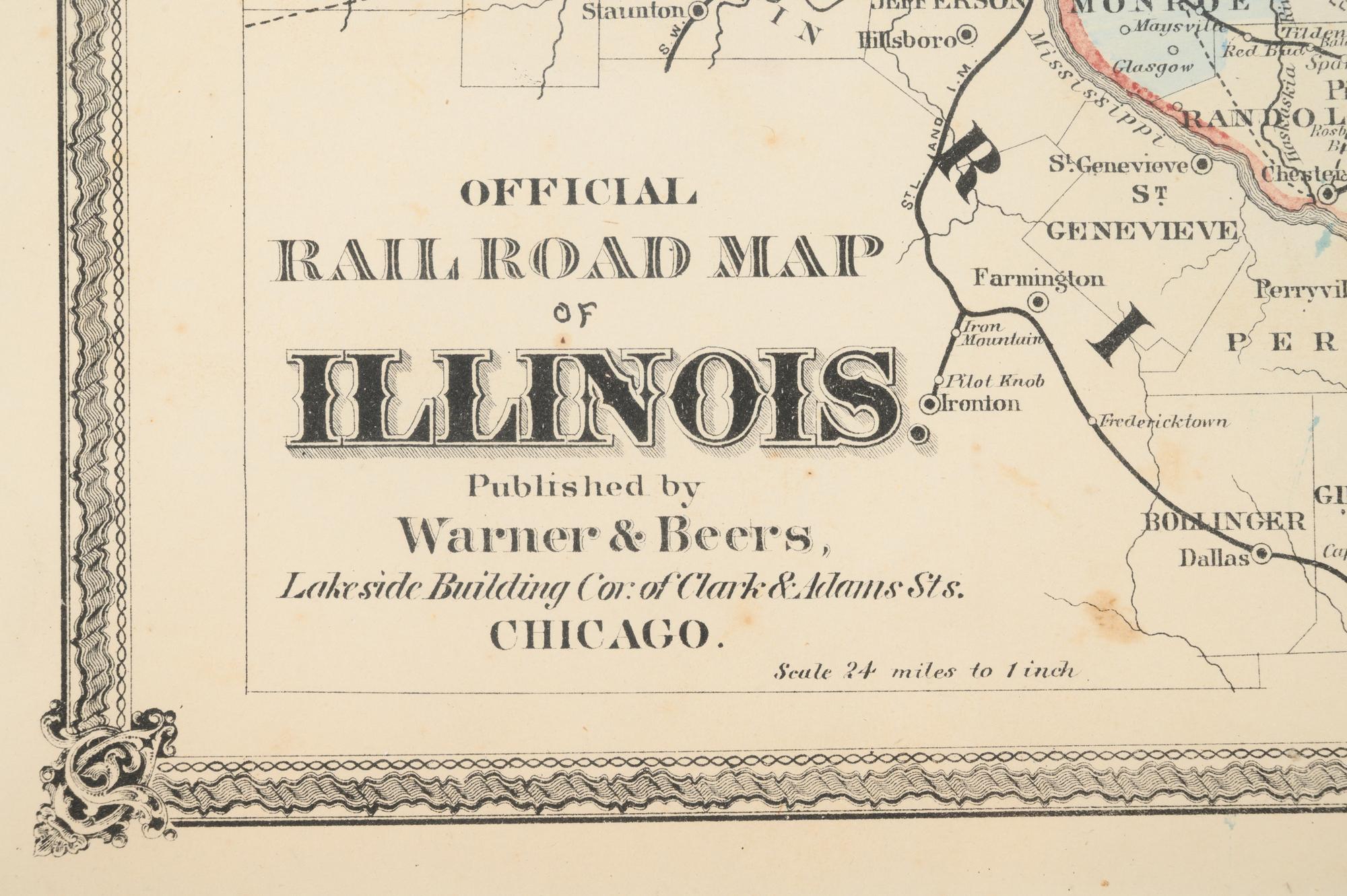 Official Road Map of Illinois. Chicago: Warner & Beers, N.d. Plate 11. 25 ¾ x 23 ¾ in. Matted and framed.