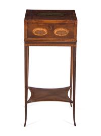 A George III Inlaid and Figured Mahogany Work Box on Stand