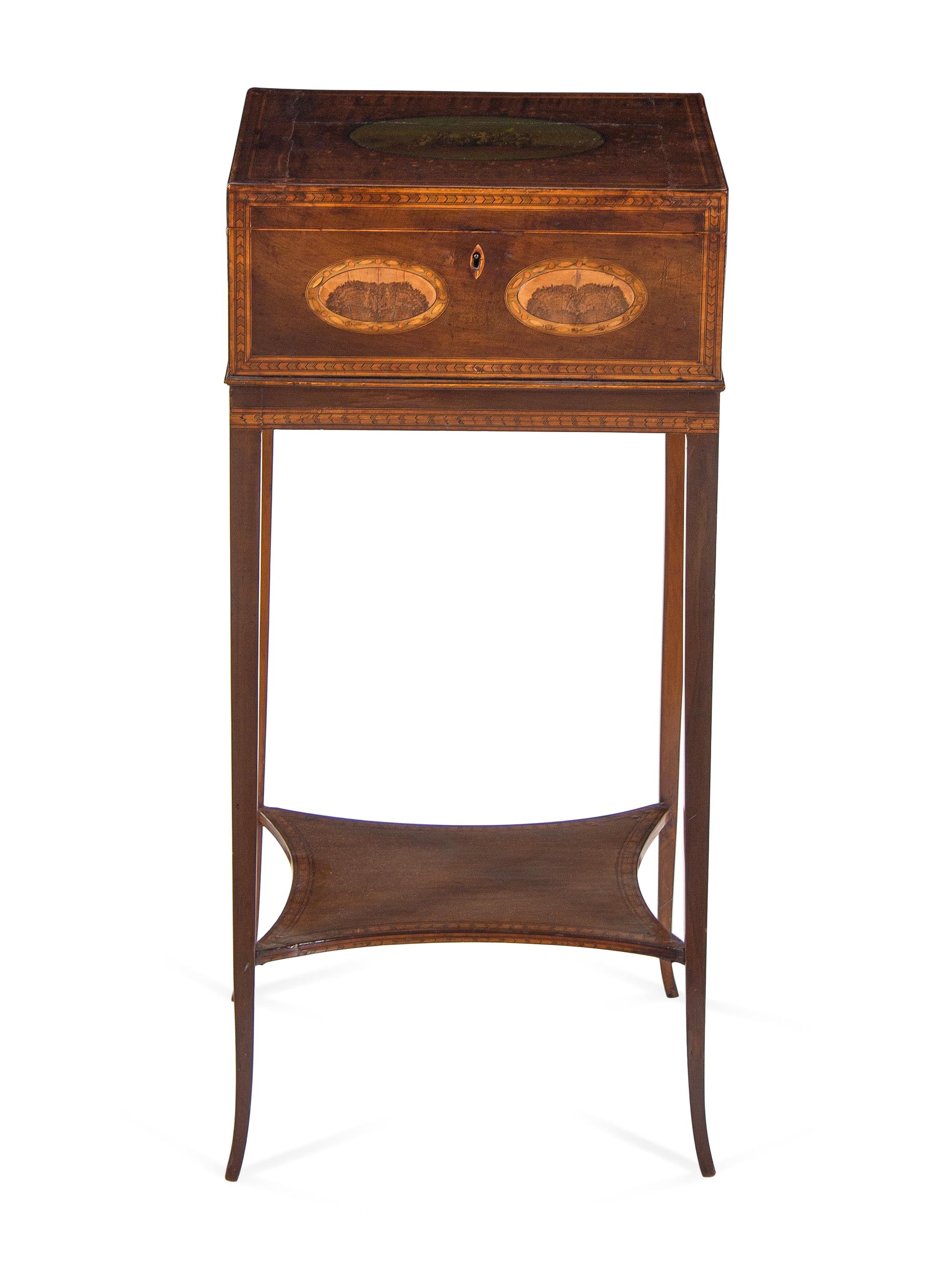 A George III Inlaid and Figured Mahogany Work Box on Stand