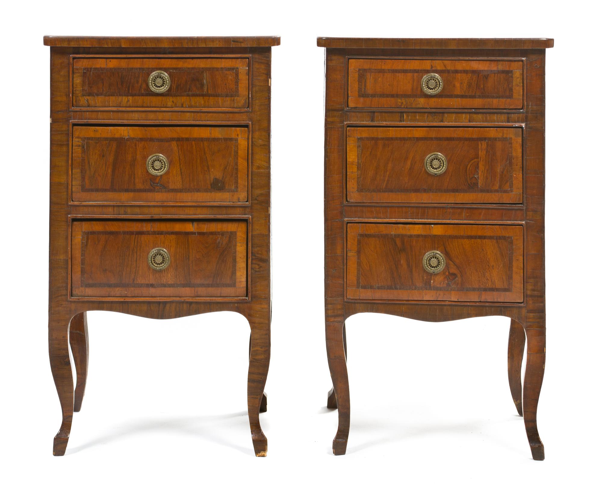 A Pair of Louis XVI Style Walnut Veneered Chests, Height 32 1/2 x width 18 7/8 x depth 14 1/4 inches