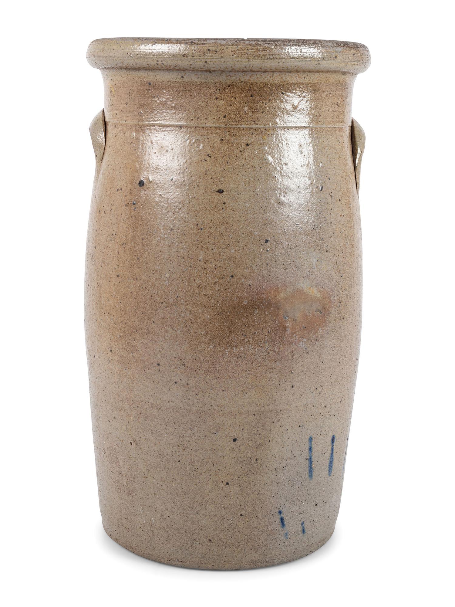 A Three-Gallon Stoneware Crock with Freehand Cobalt Apples