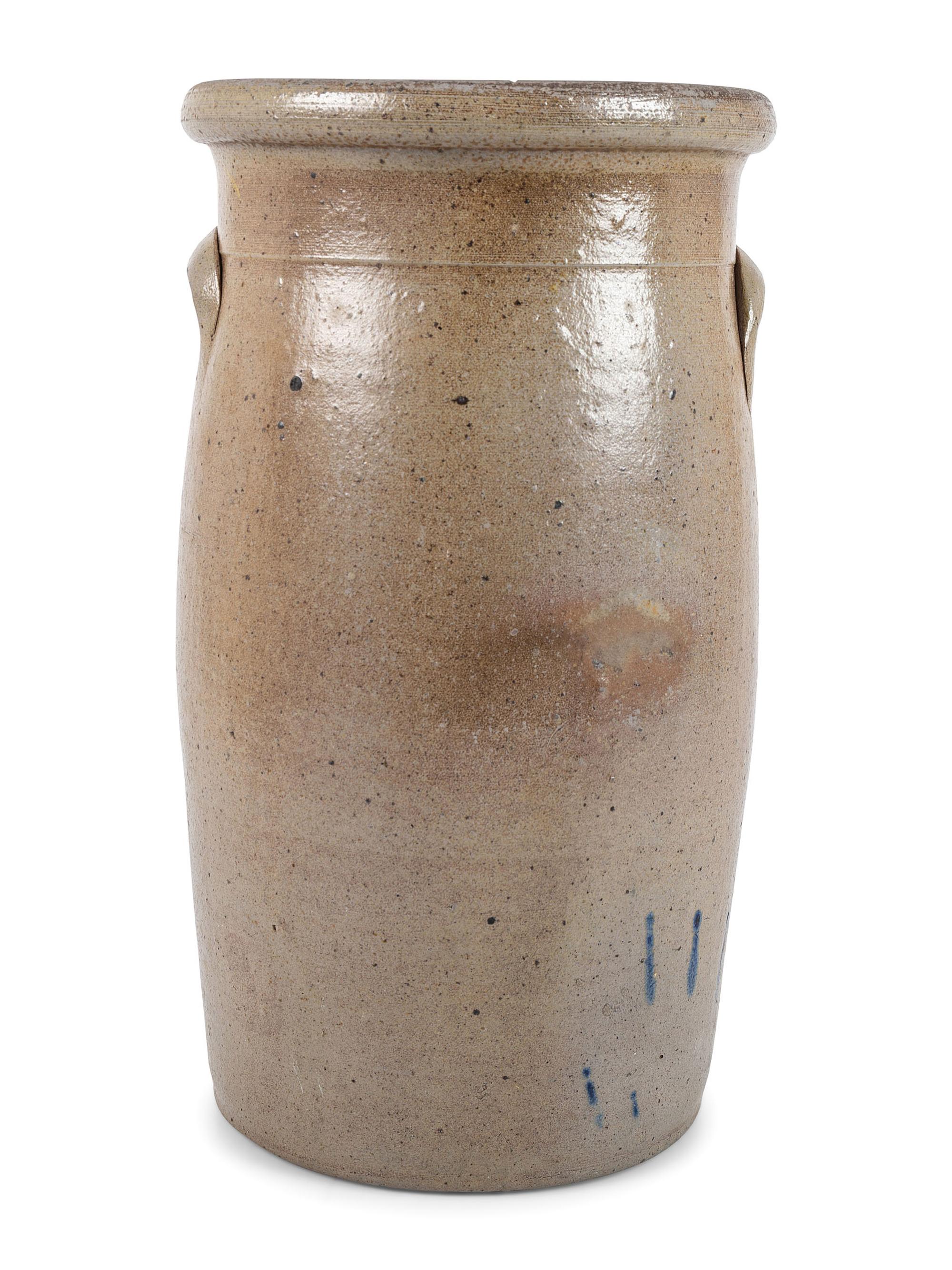 A Three-Gallon Stoneware Crock with Freehand Cobalt Apples