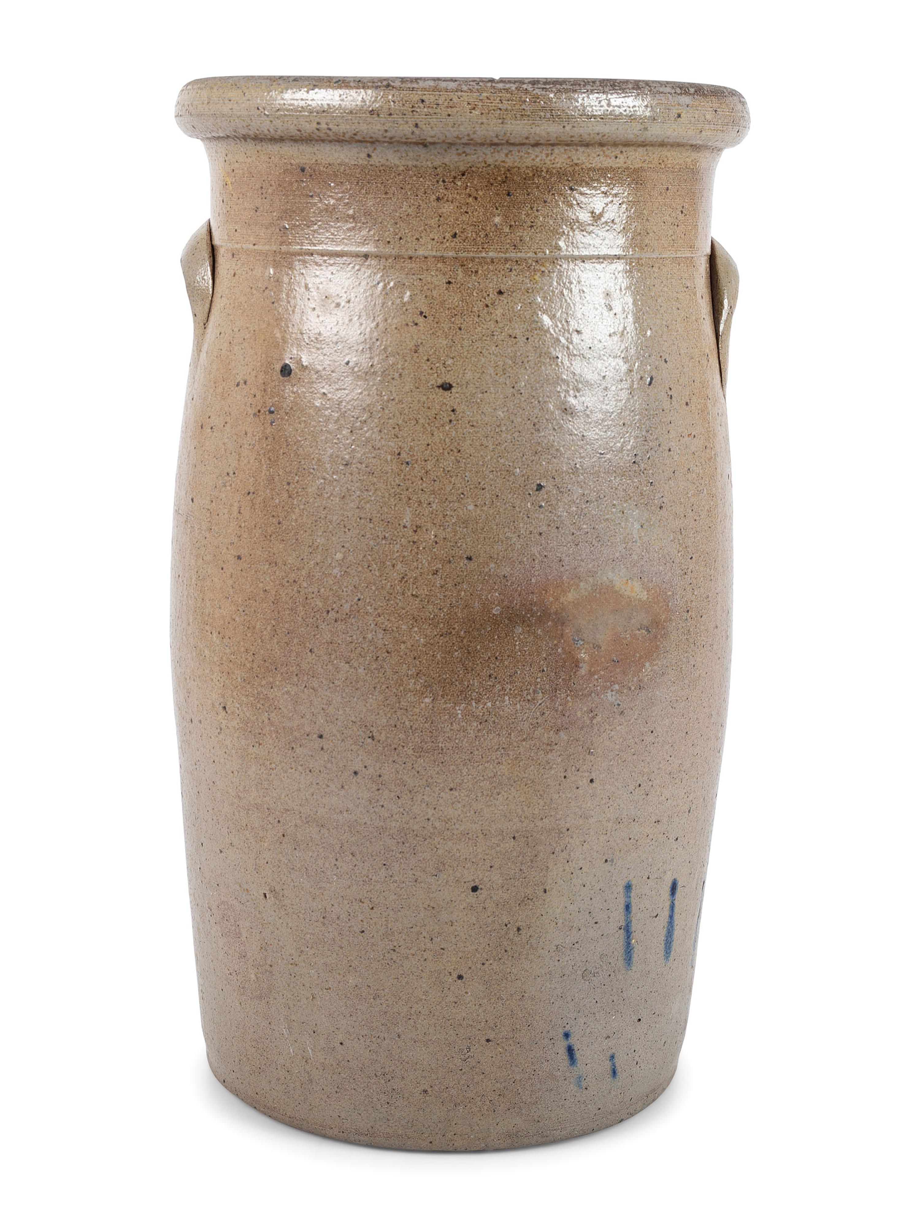 A Three-Gallon Stoneware Crock with Freehand Cobalt Apples