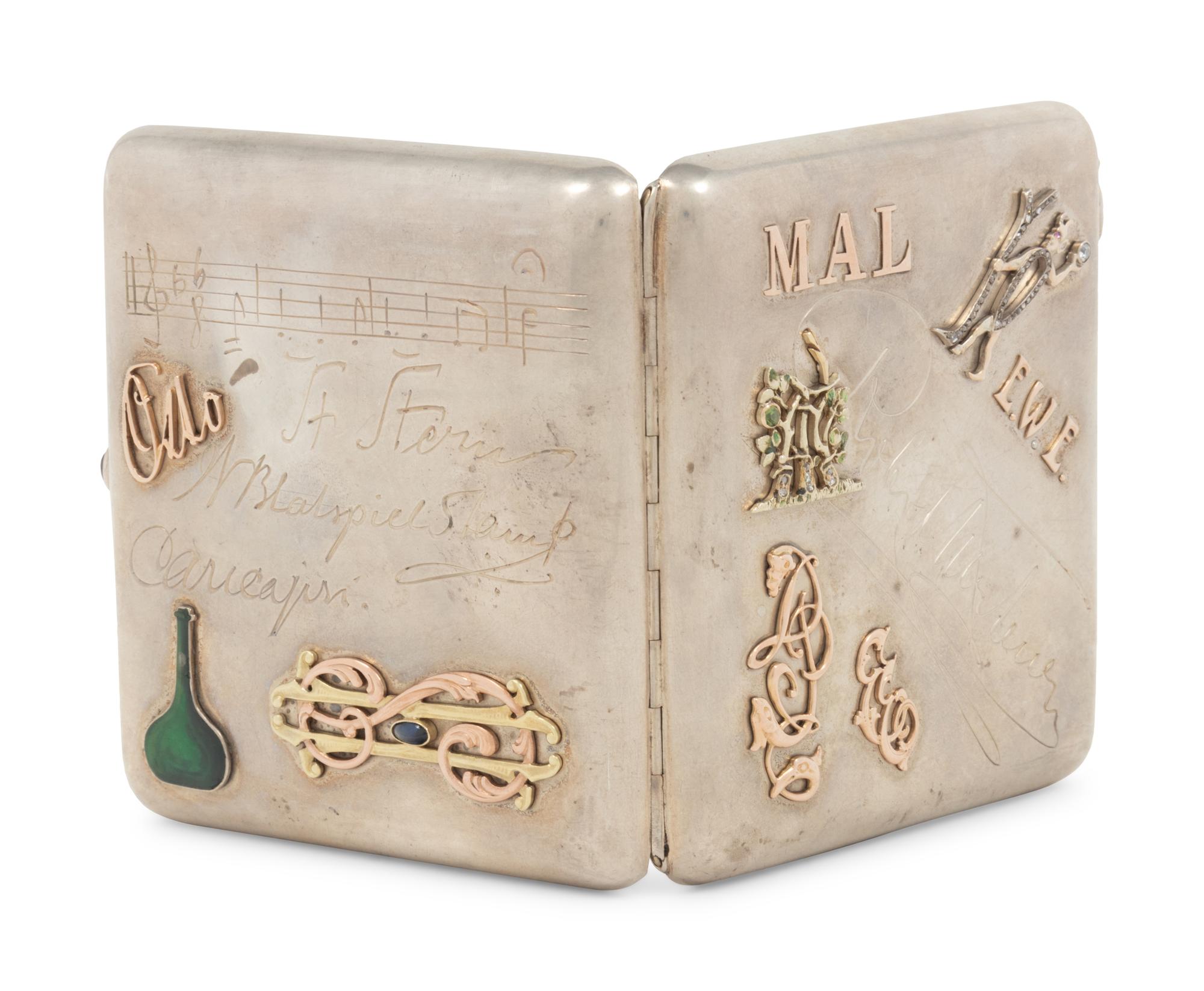 A Russian Gold, Enamel and Diamond Charm Mounted Silver Cigarette Case