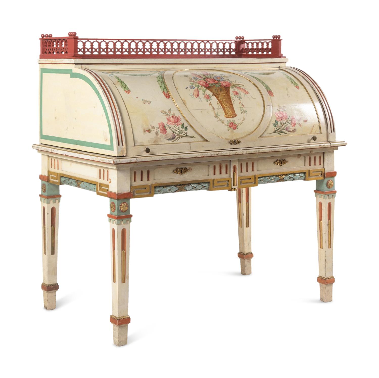 A Continental Polychrome-Painted Cylinder Bureau