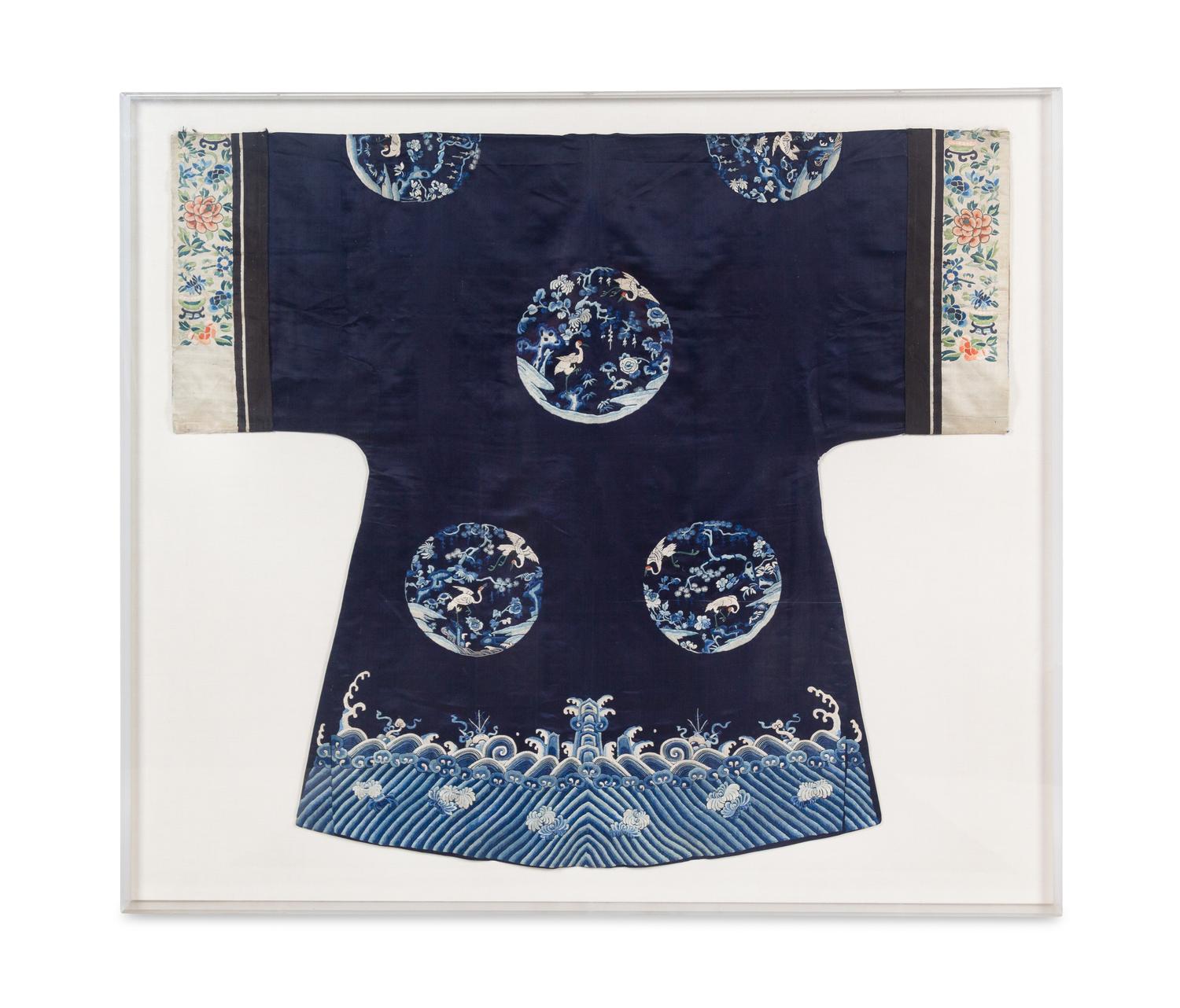 A Chinese Dark Blue Ground Embroidered Silk Lady's Robe