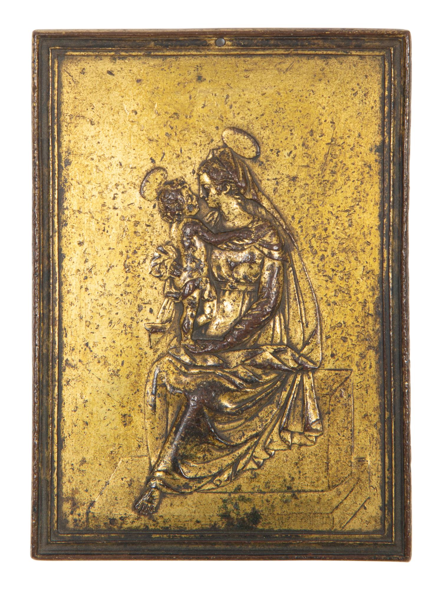 An Italian Gilt Bronze Plaquette Depicting the Virgin Mary and Child