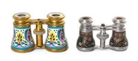 Two Pairs of Enameled Opera Glasses, Width of first 4 3/8 inches.