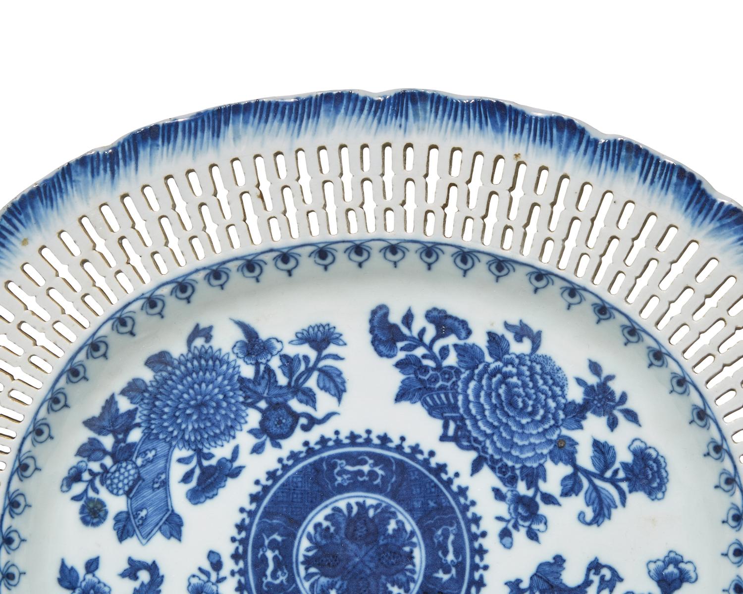 Two Chinese Export Porcelain Blue Fitzhugh Oval Reticulated and Feathered Edge Serving Plates