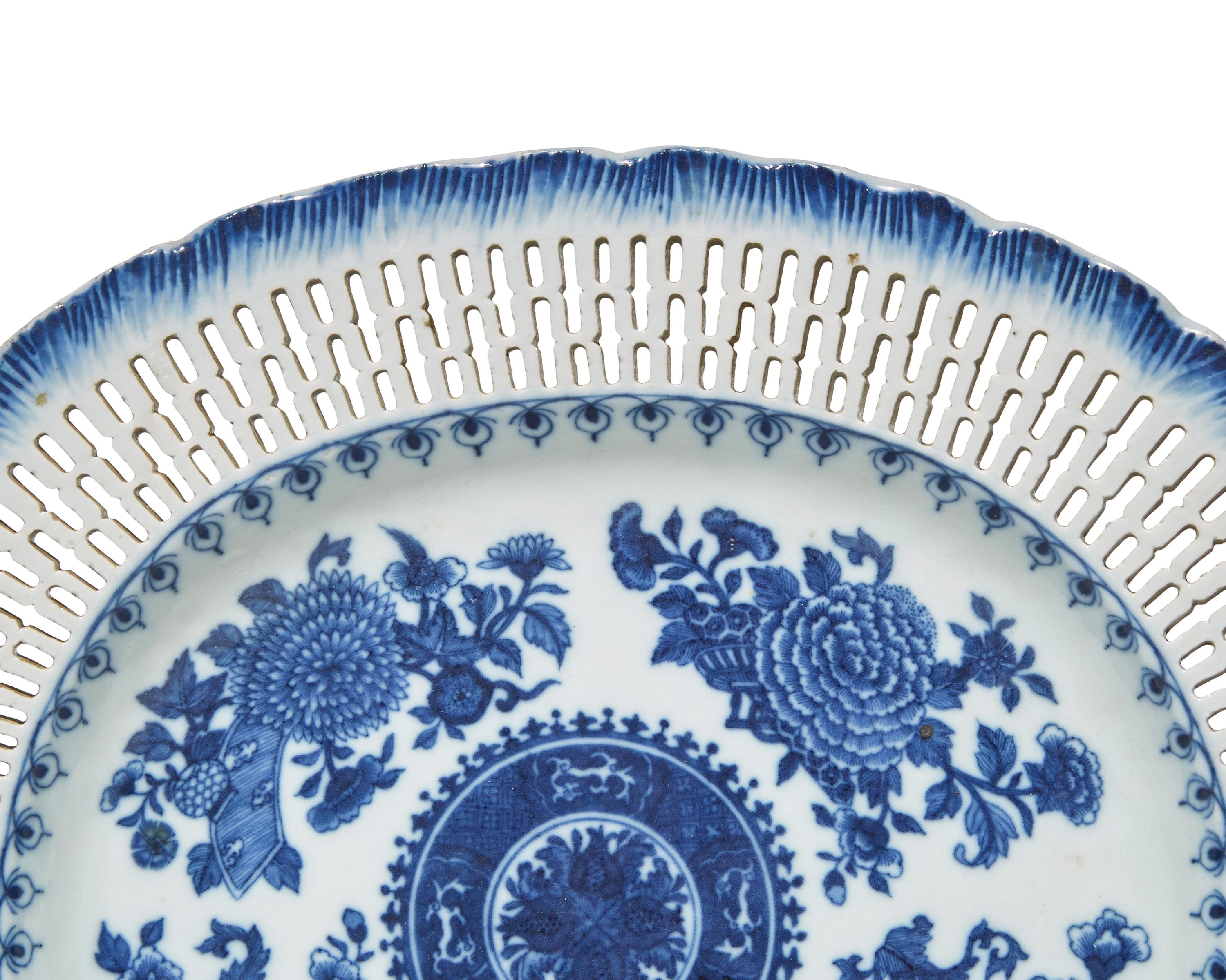 Two Chinese Export Porcelain Blue Fitzhugh Oval Reticulated and Feathered Edge Serving Plates