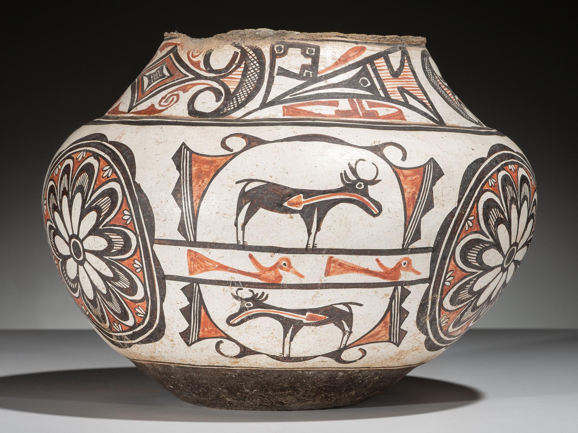 Zuni Polychrome Pottery Olla, with Heartline Deer